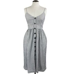 ATM Women's Dress XS Navy Striped Button Down Midi Sleeveless Casual Summer